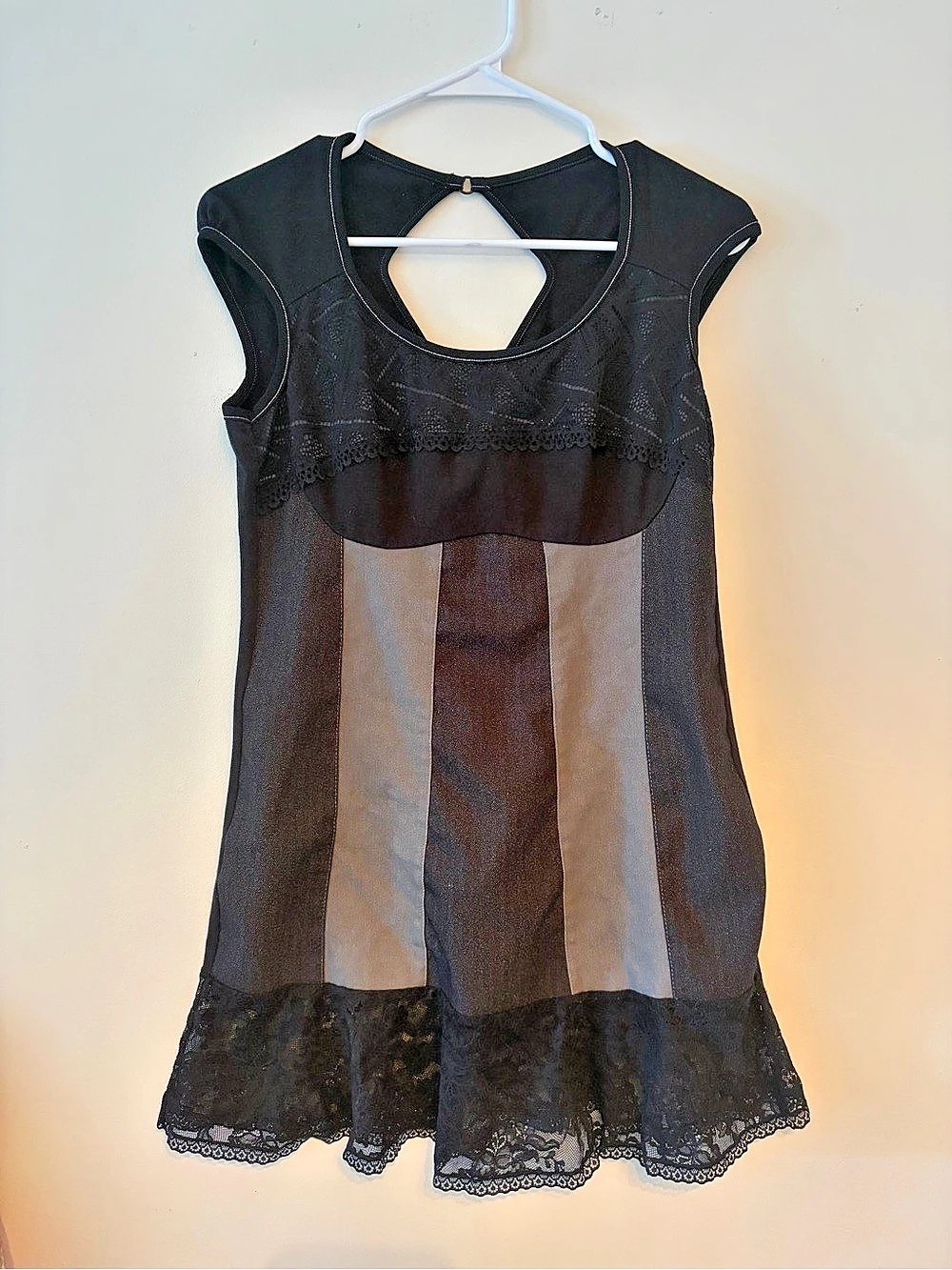 Kollontaï Striped Lace Mini Dress in Black & Gray Like New